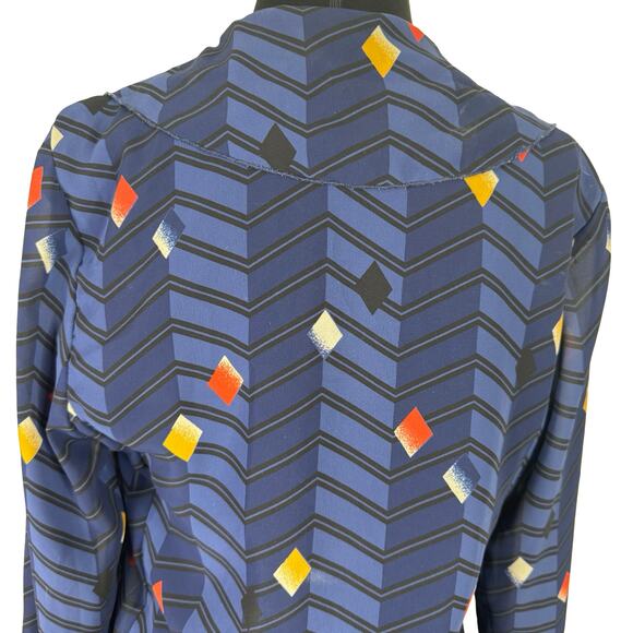 Vintage 80s Geometric Chevron Tunic Blouse Sheer Panels Blue Art Deco Pattern L - Picture 4 of 16